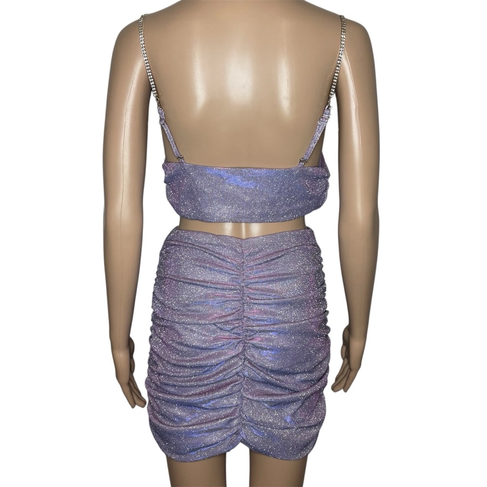 Purple Sparkly 2 Piece Cropped Tank Top & Ruched Skirt Set Rhinestone Straps - Picture 2 of 7